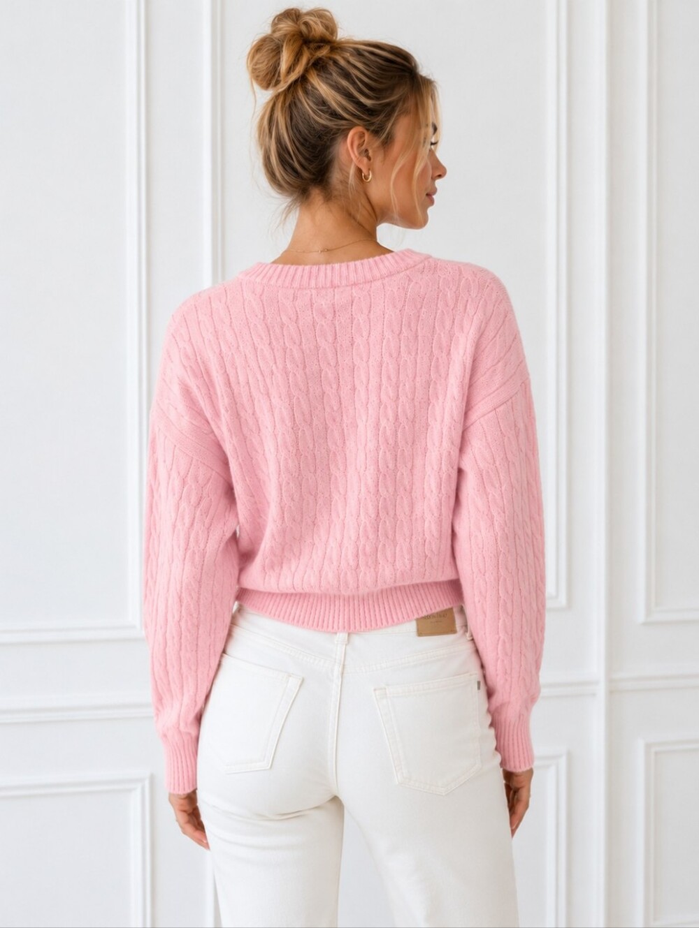Faded Rose | Pink Cable Knit Cropped Sweater | Medium | Soft Feminine Cozy - Picture 2 of 8